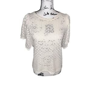 Madewell Texture & Thread Top Small Cream Short Sleeve‎ Flutter Sleeve See Thru
